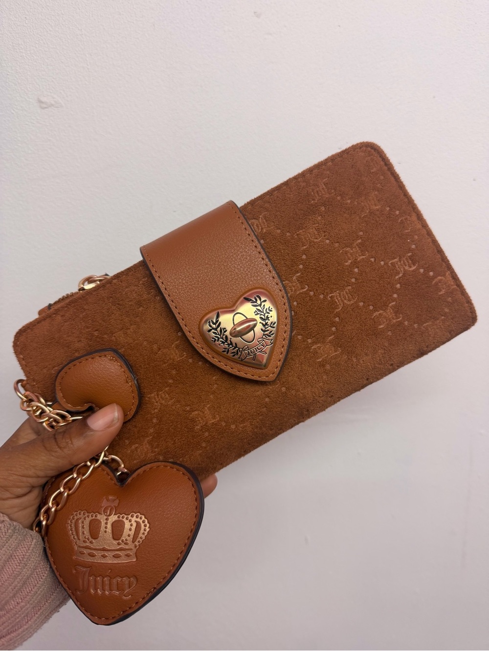 Juicy Couture Tan Suede Heart Charm Wallet with Gold Accent